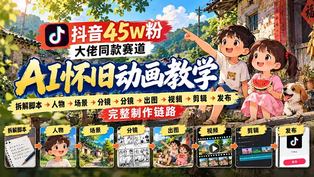 抖音45W粉大佬同款赛道AI怀旧动画教学:拆解脚本→人物→场景→分镜→出图→视频→剪辑→发布完整制作链路-副业吧