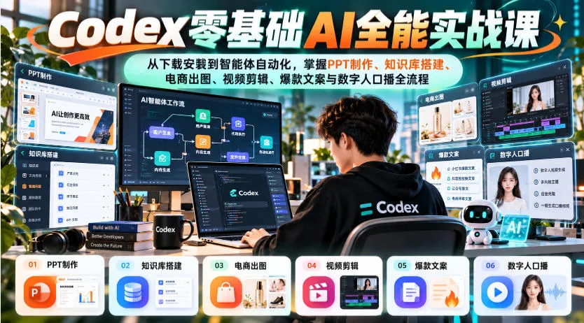 Codex零基础AI全能实战课:从下载安装到智能体自动化,掌握知识库搭建、电商出图、视频剪辑、爆款文案与数字人口播全流程-副业吧