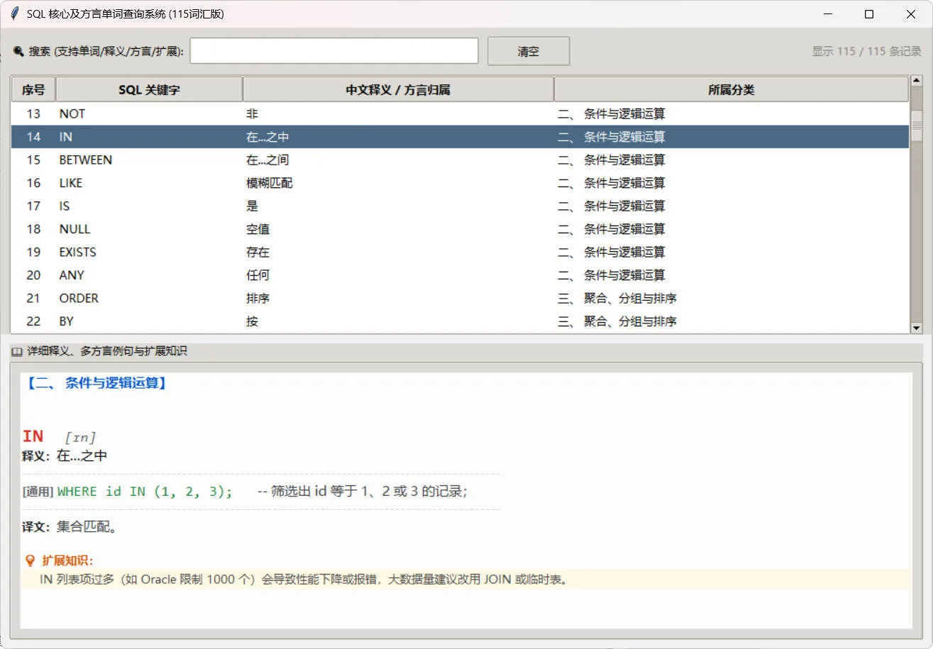 SQL常用核心单词查询115词客户端-副业吧