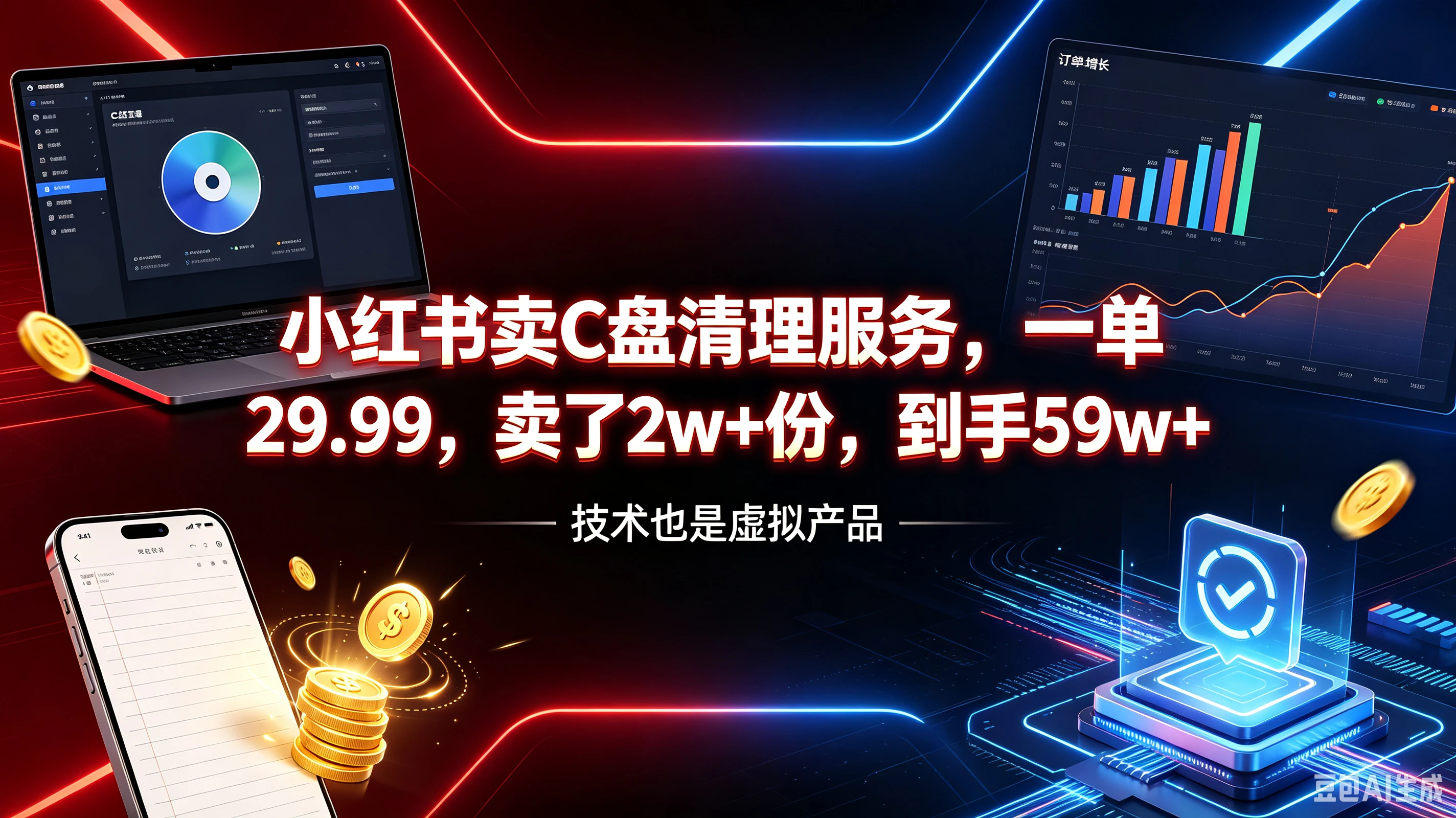 【精】小红书卖C盘清理服务,一单29.99,卖了2w+份,到手59w+,技术也是虚拟产品-副业吧