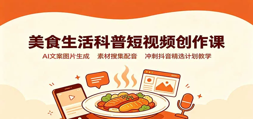 美食生活科普短视频创作课：AI文案图片生成，素材搜集配音，冲刺抖音精选计划教学-副业吧
