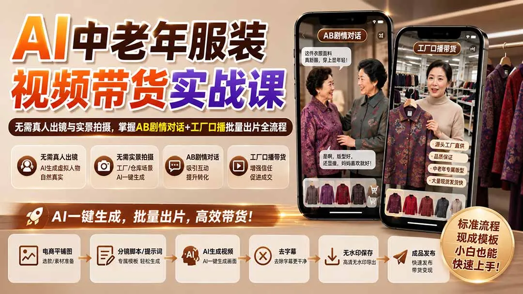 AI中老年服装视频带货实战课:无需真人出镜与实景拍摄,掌握AB剧情对话+工厂口播批量出片全流程-副业吧