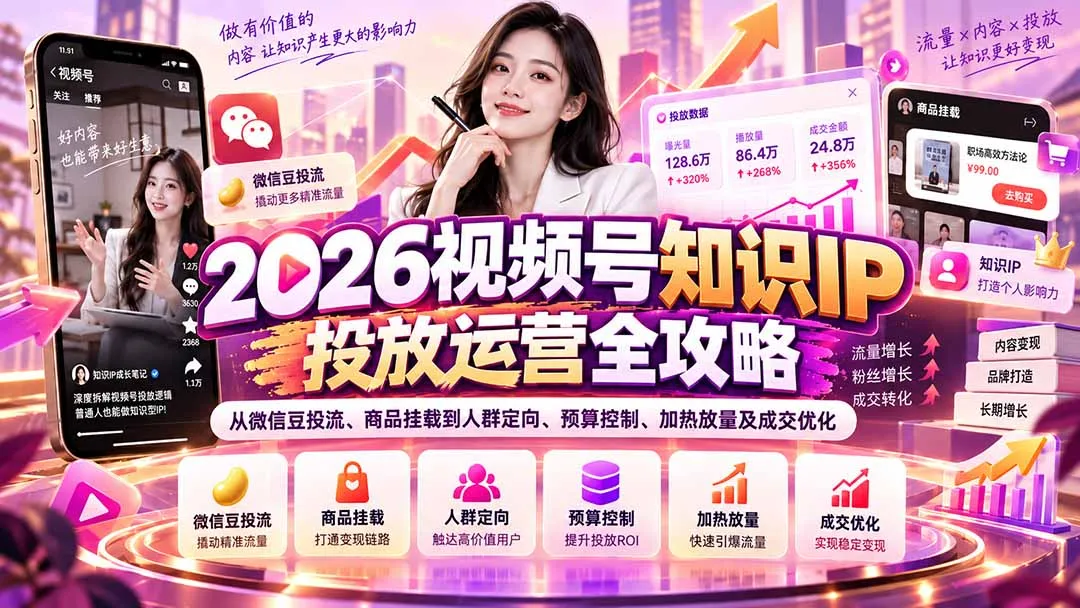 2026视频号知识IP投放运营全攻略:从微信豆投流、商品挂载到人群定向、预算控制、加热放量及成交优化-副业吧