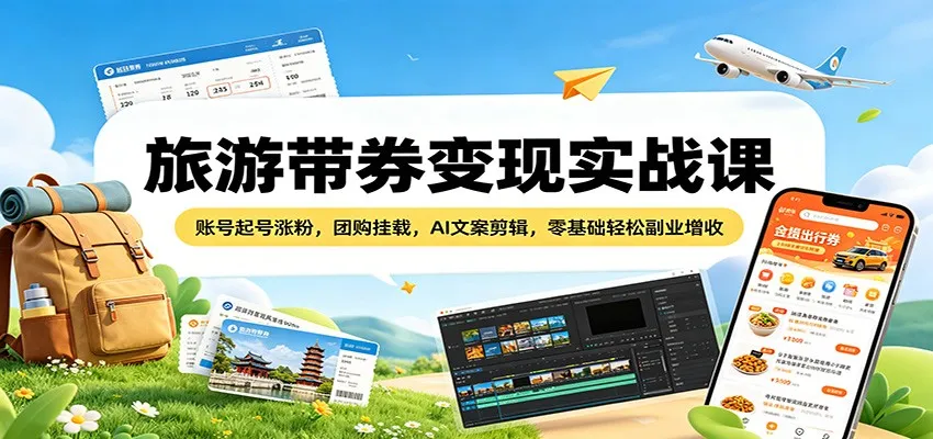 旅游带券变现实战课：账号起号涨粉，团购挂载，AI文案剪辑，零基础轻松副业增收-副业吧