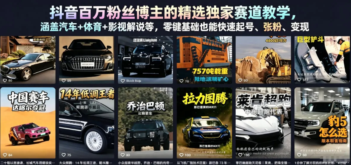 抖音百万粉丝博主的精选独家赛道教学,涵盖汽车+体育+影视解说等,零基础也能快速起号、涨粉、变现-副业吧