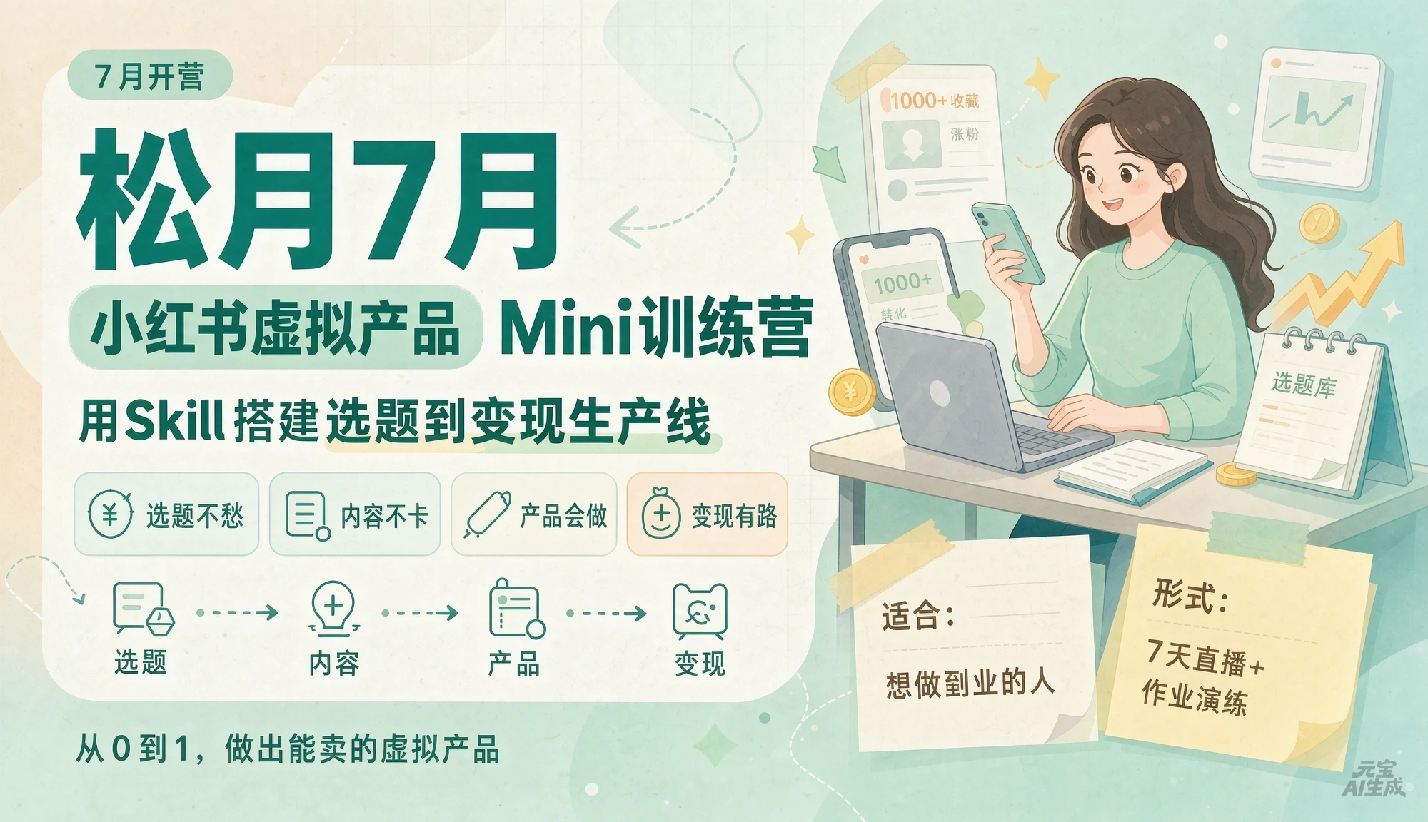 【精】松月7月小红书虚拟产品Mini训练营：用Skill搭建选题到变现生产线-副业吧