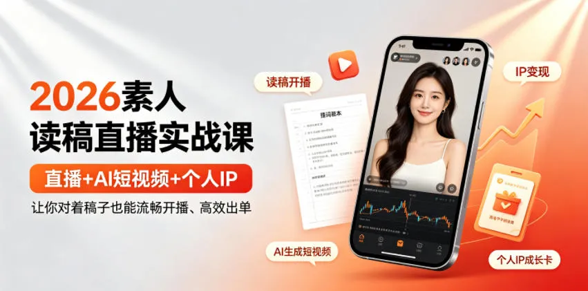 2026素人读稿直播实战课|直播+AI短视频+个人IP,让你对着稿子也能流畅开播、高效出单-副业吧