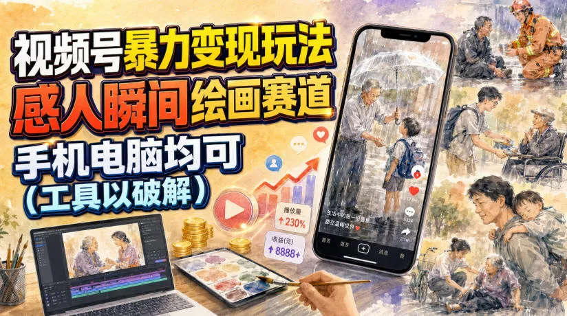 视频号暴力变现玩法，感人瞬间绘画赛道，手机电脑均可-副业吧