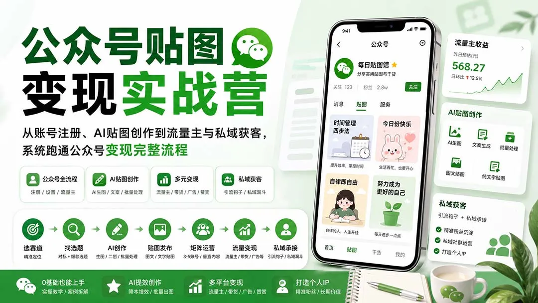 公众号贴图变现实战营:从账号注册、AI贴图创作到流量主与私域获客,系统跑通公众号变现完整流程-副业吧