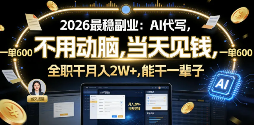 2026最稳副业:AI代写,不用动脑,当天见钱,一单600,全职干月入2W+,能干一辈子【揭秘】-副业吧