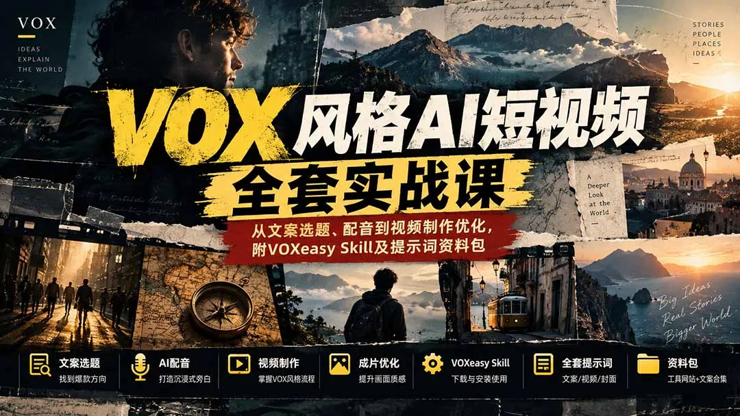 【无水印】VOX风格AI短视频全套实战课：从文案选题、配音到视频制作优化，附VOXeasy Skill及提示词资料包-副业吧