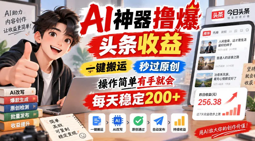 AI神器撸爆头条收益,一键搬运,秒过原创,操作简单有手就会,每天稳定200+【揭秘】-副业吧