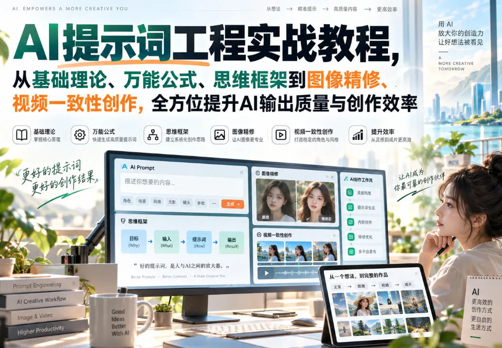 【精】AI提示词工程实战教程,从基础理论、万能公式、思维框架到图像精修、视频一致性创作,全方位提升AI输出质量与创作效率-副业吧