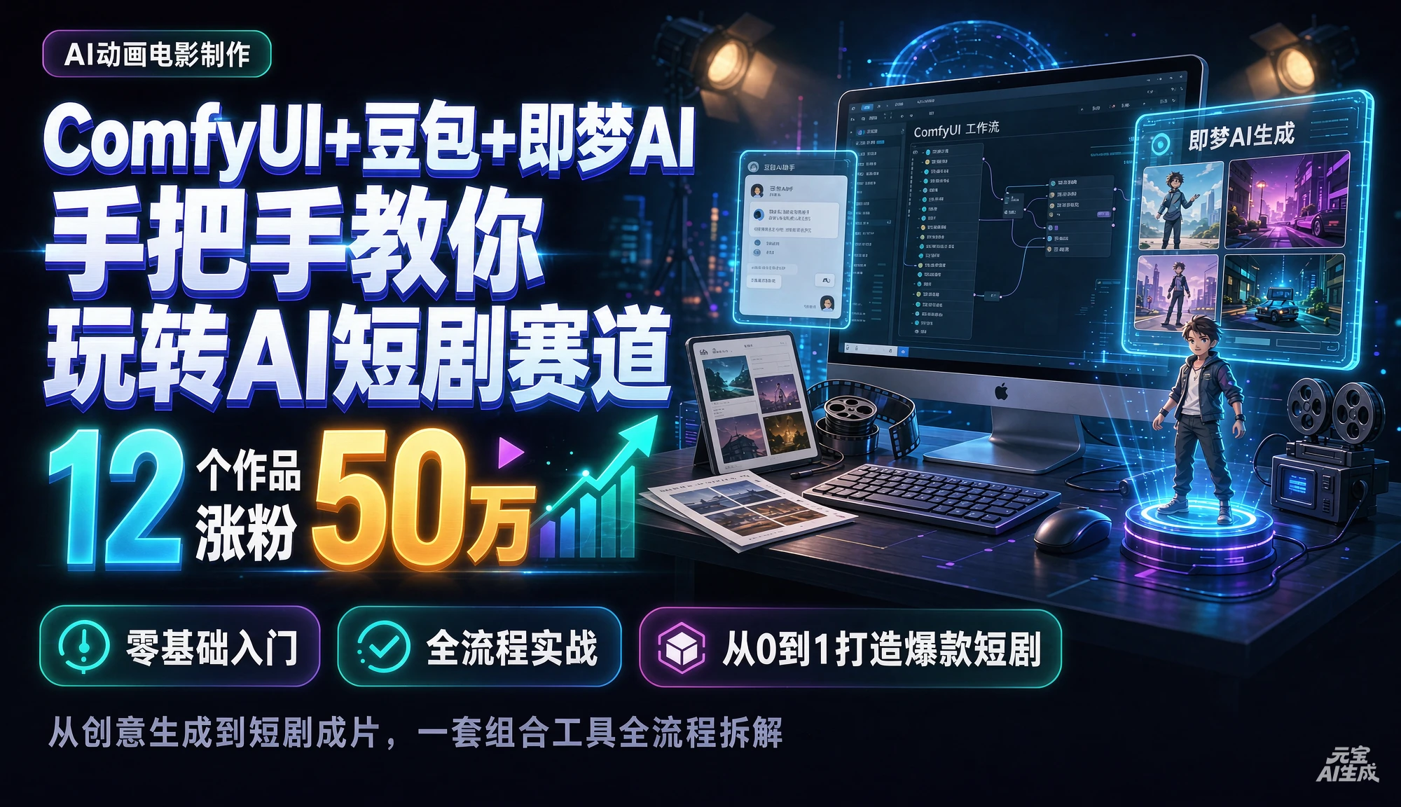 【精】AI动画电影制作,12个作品涨粉50万,手把手教你ComfyUI+豆包+即梦AI玩转AI短剧赛道-副业吧