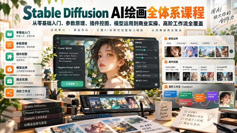 【无水印】Stable Diffusion AI绘画全体系课程，从零基础入门、参数原理、插件控图、模型运用到商业实操、高阶工作流全覆盖-副业吧