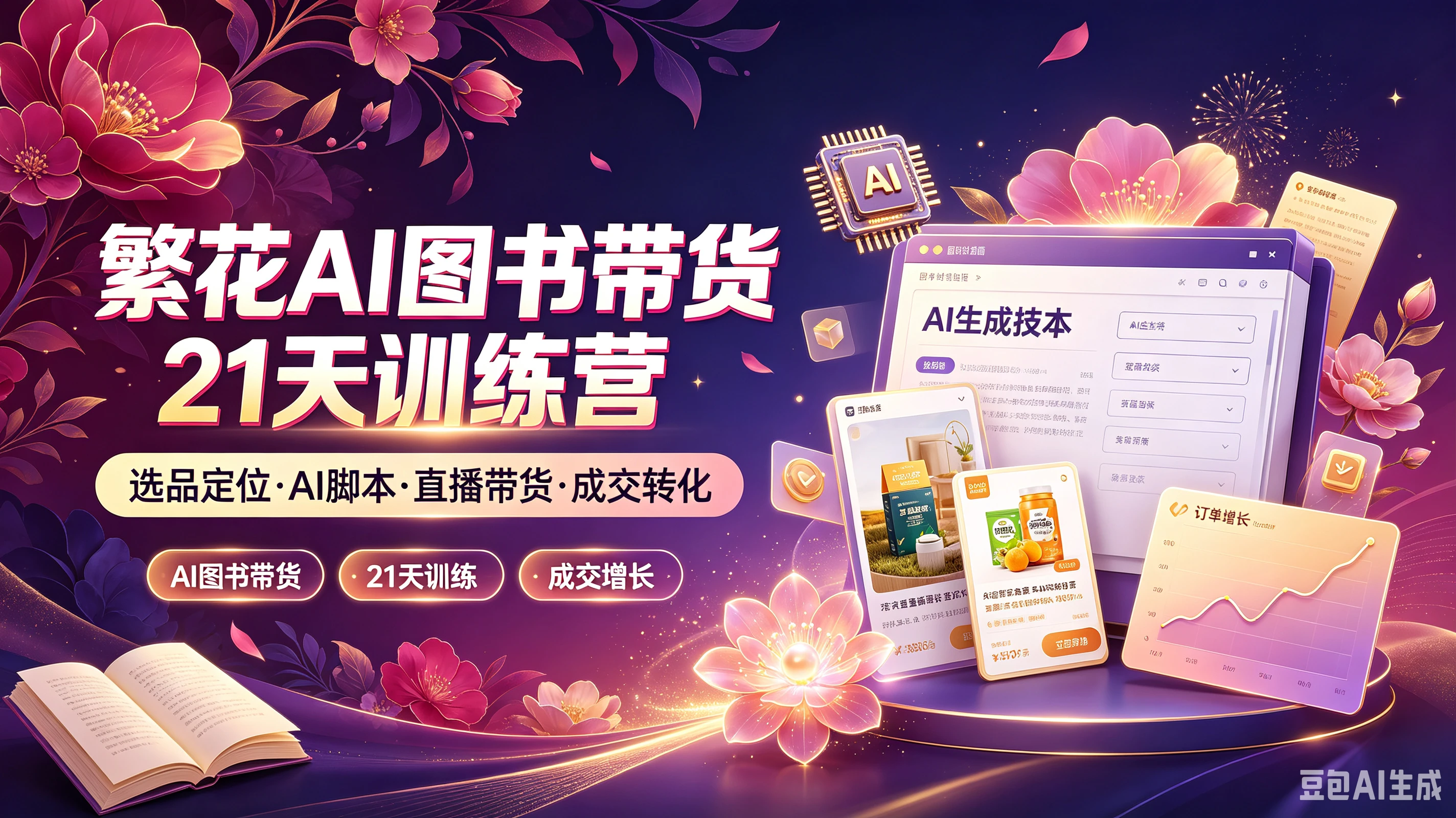 【精】繁花AI图书带货21天训练营，选品定位·AI脚本·直播带货·成交转化，AI图书带货、21天训练、成交增长-副业吧