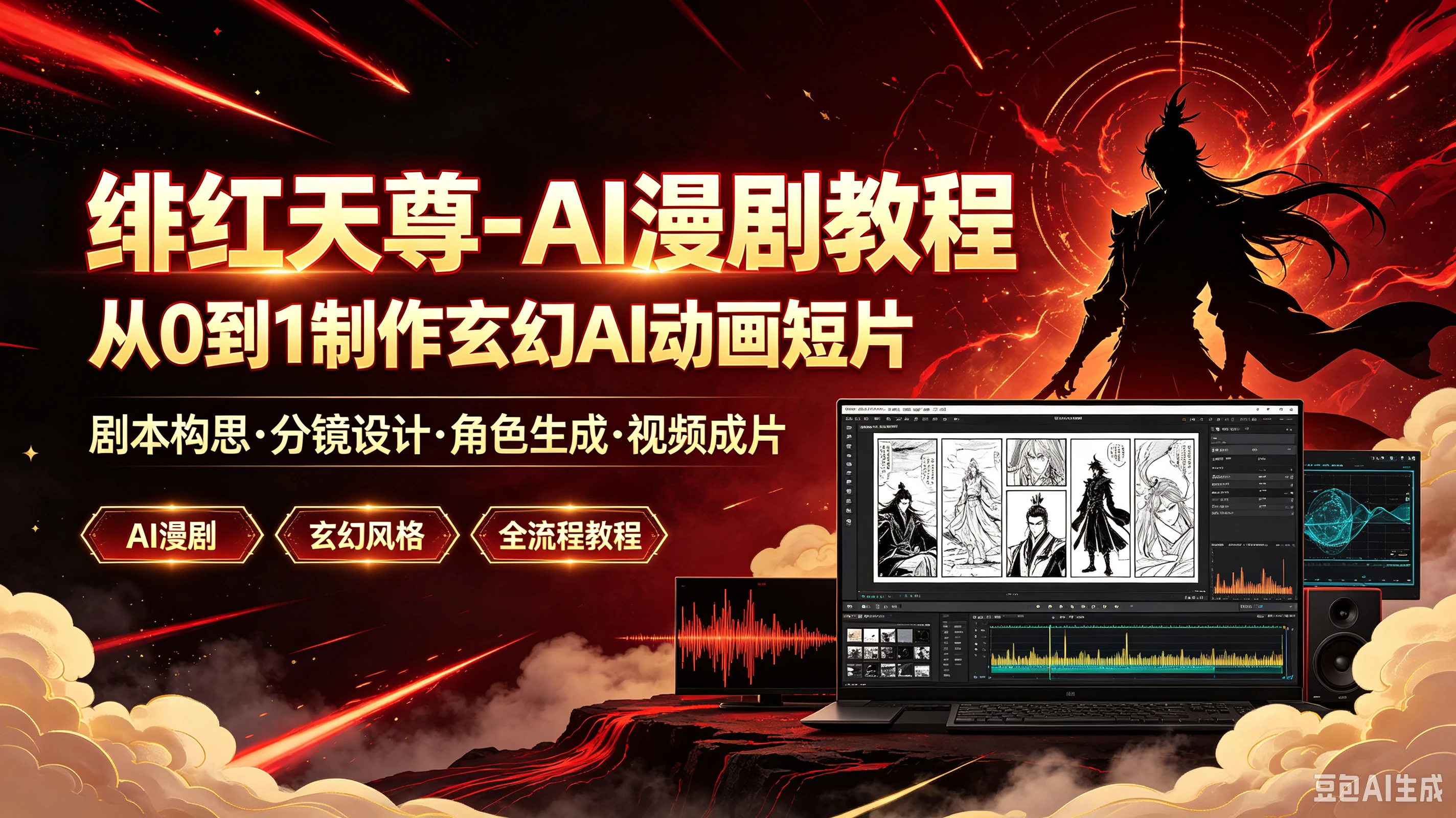 【精】绯红天尊-AI漫剧教程从O到1制作玄幻AI动画短片,剧本构思·分镜设计·角色生成·视频成片-副业吧