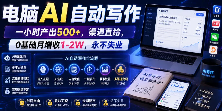 电脑AI自动写作,一小时产出500+,渠道直给,0基础月增收1-2W,永不失业【揭秘】-副业吧