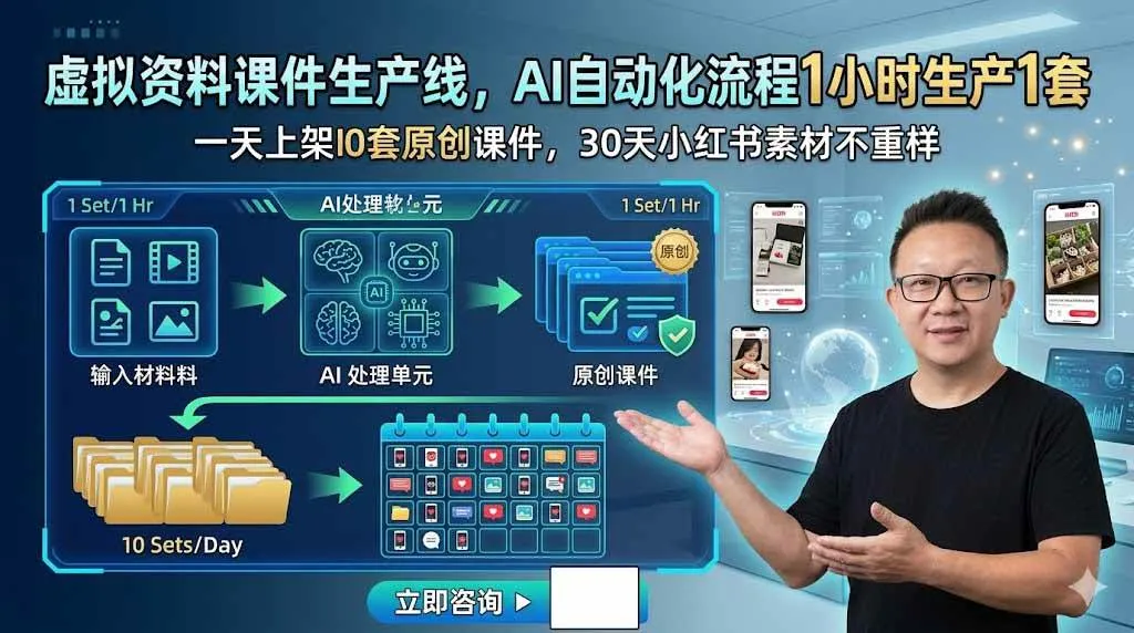 （19091期）虚拟资料课件生产线，AI自动化流程1小时生产1套，一天上架10套原创课件，30天小红书素材不重样-副业吧