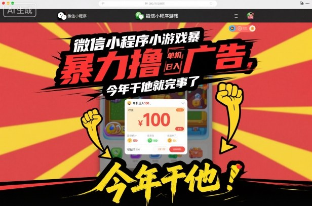 微信小程序小游戏暴力撸广告，单机日入100，今年干他就完事了-副业吧