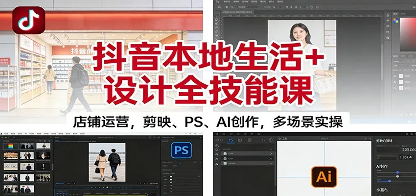 抖音本地生活+设计全技能课：店铺运营，剪映、PS、AI创作，多场景实操-副业吧