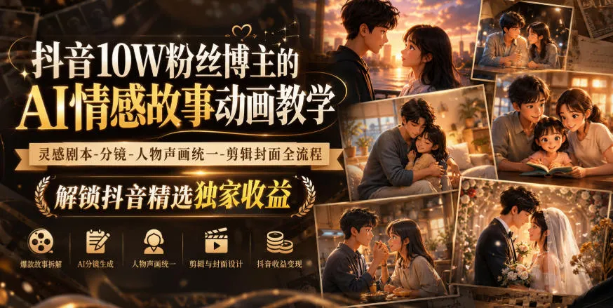 抖音10W粉丝博主的AI情感故事动画教学,灵感剧本‑分镜‑人物声画统一‑剪辑封面全流程,解锁抖音精选独家收益-副业吧