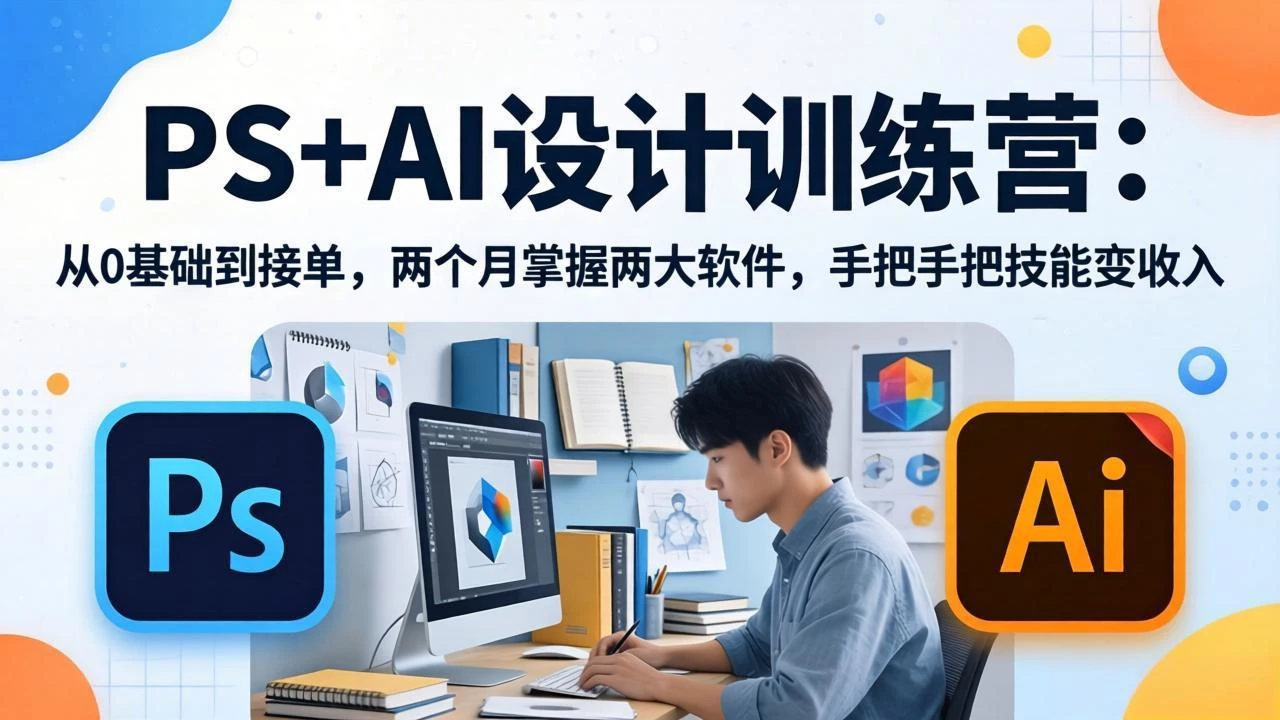 【精】PS+AI设计训练营:从0基础到接单,两个月掌握两大软件,手把手把技能变收入-副业吧