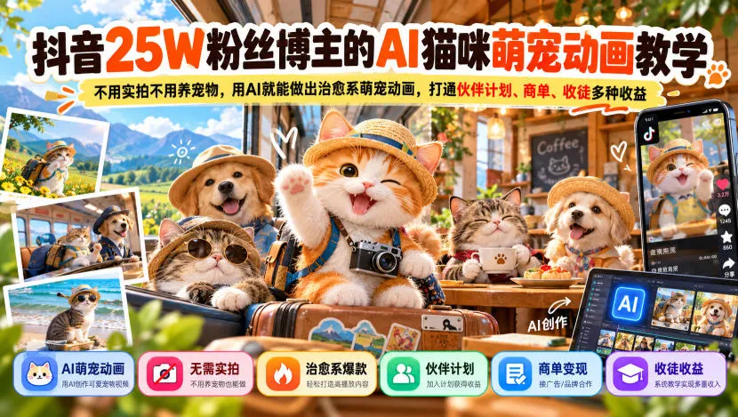 抖音25W粉丝博主的AI猫咪萌宠动画教学,不用实拍不用养宠物,用AI就能做出治愈系萌宠动画,打通伙伴计划、商单、收徒多种收益-副业吧