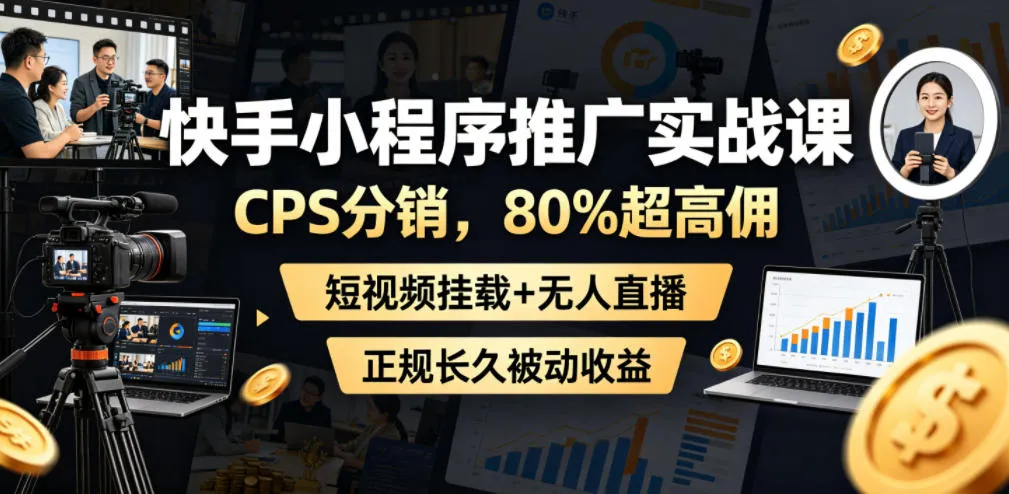 快手小程序推广实战课，CPS分销，80%超高佣，短视频挂载+无人直播，正规长久被动收益-副业吧