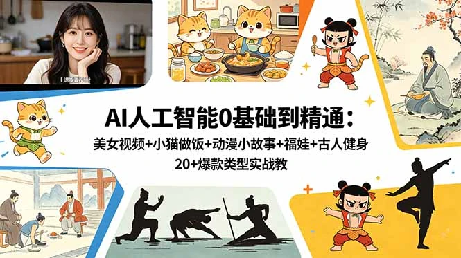 【精】AI人工智能0基础到精通:美女视频+小猫做饭+动漫小故事+福娃+古人健身,20+爆款类型实战教学-副业吧