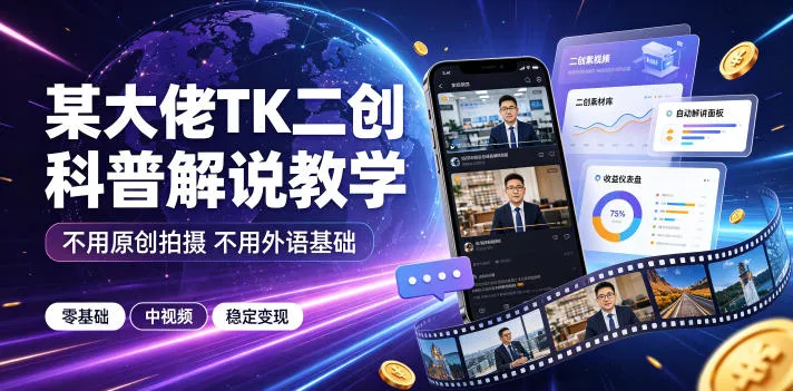 某大佬TK二创科普解说教学,不用原创拍摄不用外语基础,零基础做TikTok中视频稳定变现-副业吧