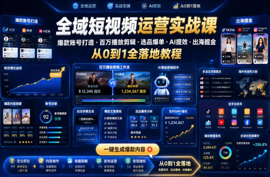 全域短视频运营实战课,爆款账号打造・百万播放剪辑・选品爆单・AI提效・出海掘金,从0到1全落地教程-副业吧