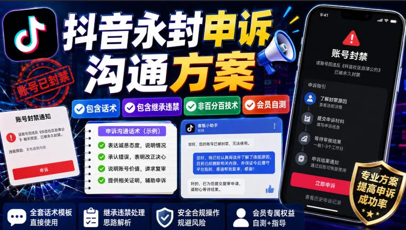 抖音永封申诉沟通方案，包含话术，包含继承违禁，非百分百技术，会员自测-副业吧
