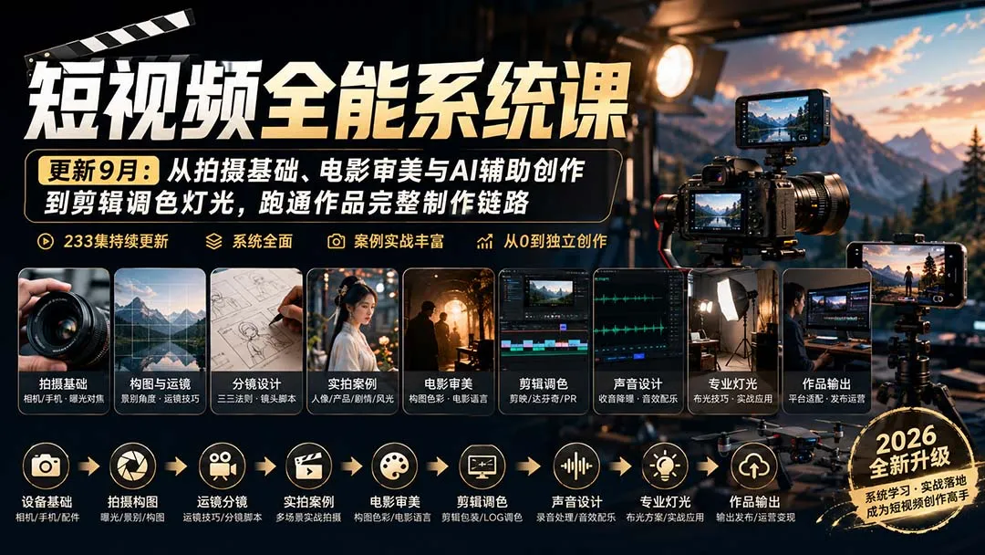 短视频全能系统课-9月完整版：从拍摄基础、电影审美与AI辅助创作到剪辑调色灯光，跑通作品完整制作链路-副业吧