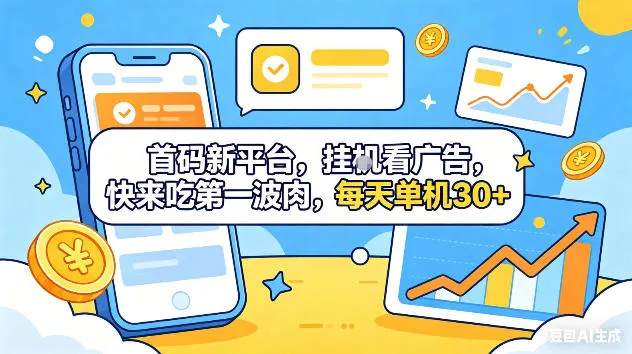 首码新平台,挂G自动看广告,快来吃第一波肉,每天单机30+,可矩阵放大【揭秘】-副业吧