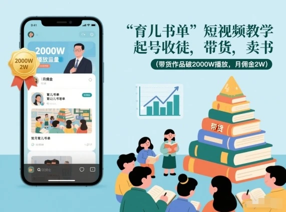 育儿书单短视频教学，起号收徒，带货，卖书（带货作品破2000W播放，月佣金2W）-副业吧