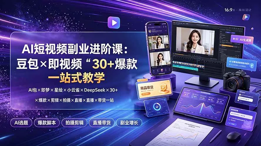 (19458期)AI短视频副业进阶课:豆包×即梦×星绘×小云雀×DeepSeek×30+爆款×剪辑×拍摄×直播×带货一站式教学-副业吧