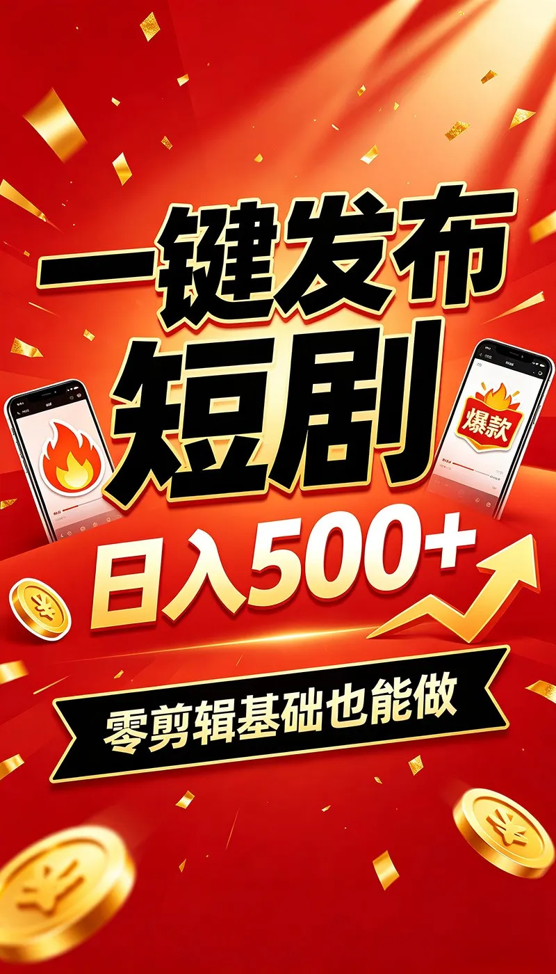 快手短剧一键发布,不用剪辑操作简单,副业日入500+。空闲时间轻松赚收益-副业吧
