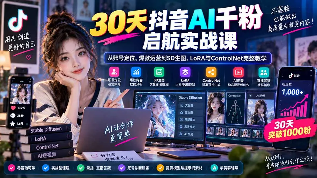 30天抖音AI千粉启航实战课：从账号定位、爆款运营到SD生图、LoRA与ControlNet完整教学-副业吧