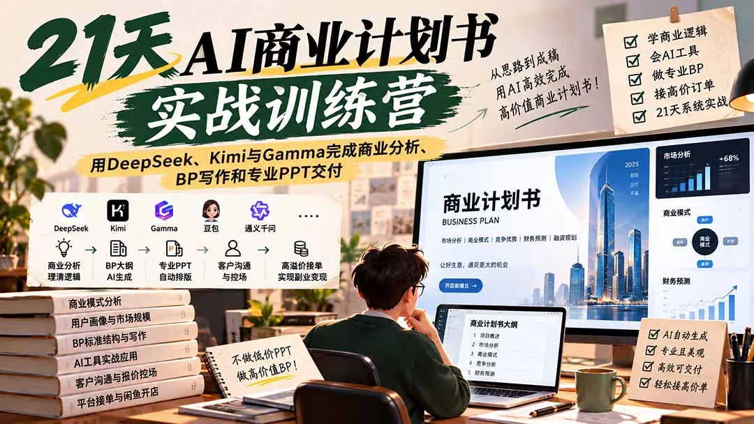 【无水印】21天AI商业计划书实战训练营:用DeepSeek、Kimi与Gamma完成商业分析、BP写作和专业PPT交付-副业吧