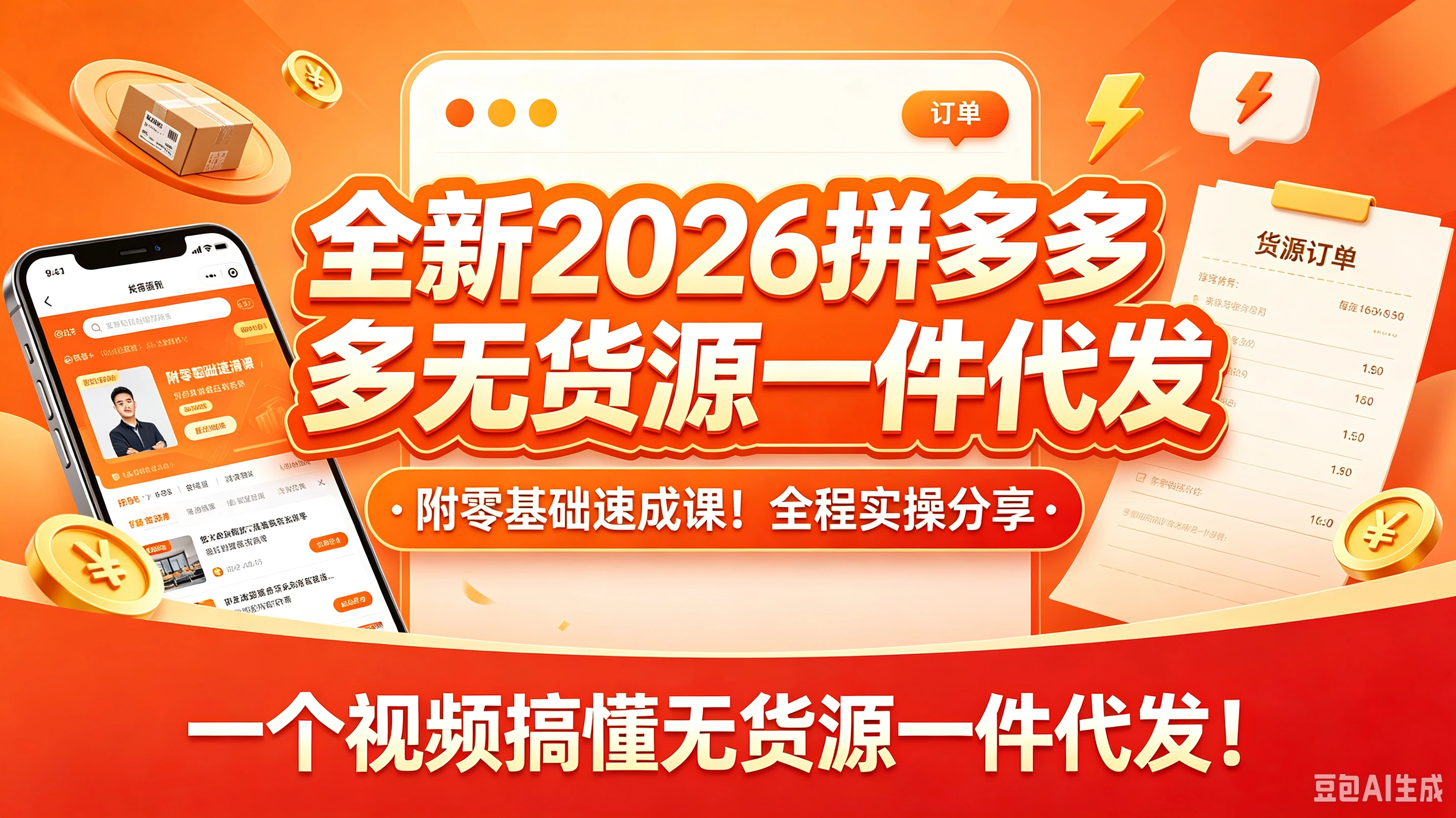 【精】全新2026拼多多无货源一件代发,附零基础速成课!全程实操分享,一个视频搞懂无货源一件代发!-副业吧
