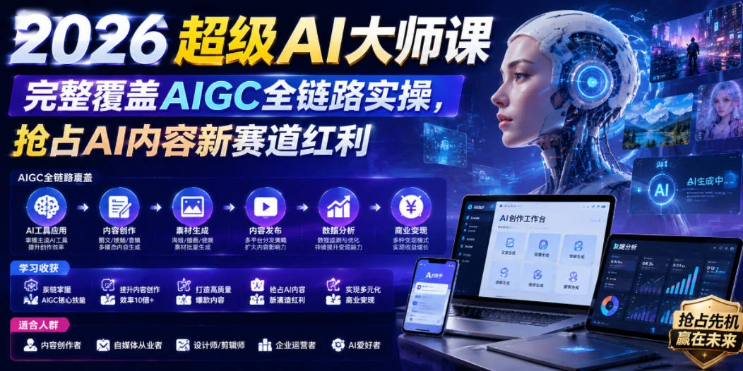 【精】2026超级AI大师课，完整覆盖AIGC全链路实操，抢占AI内容新赛道红利-副业吧