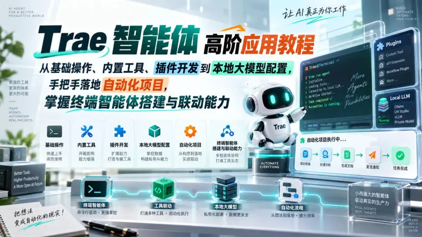 Trae智能体高阶应用教程,从基础操作、内置工具、插件开发到本地大模型配置,手把手落地自动化项目-副业吧