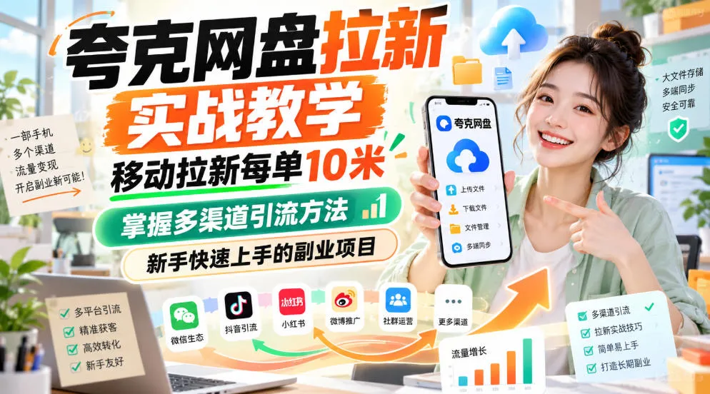 夸克网盘拉新实战教学,移动拉新每单10米,掌握多渠道引流方法,新手快速上手的副业项目-副业吧