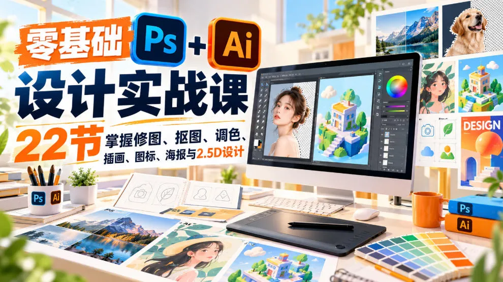 【无水印】零基础PS+AI设计实战课｜22节掌握修图、抠图、调色、插画、图标、海报与2.5D设计-副业吧