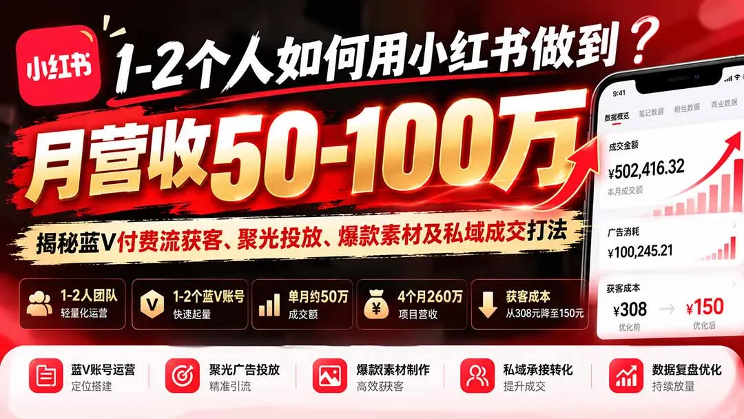 1-2个人如何用小红书做到月营收50-100万?揭秘蓝V付费流获客、聚光投放、爆款素材及私域成交打法-副业吧