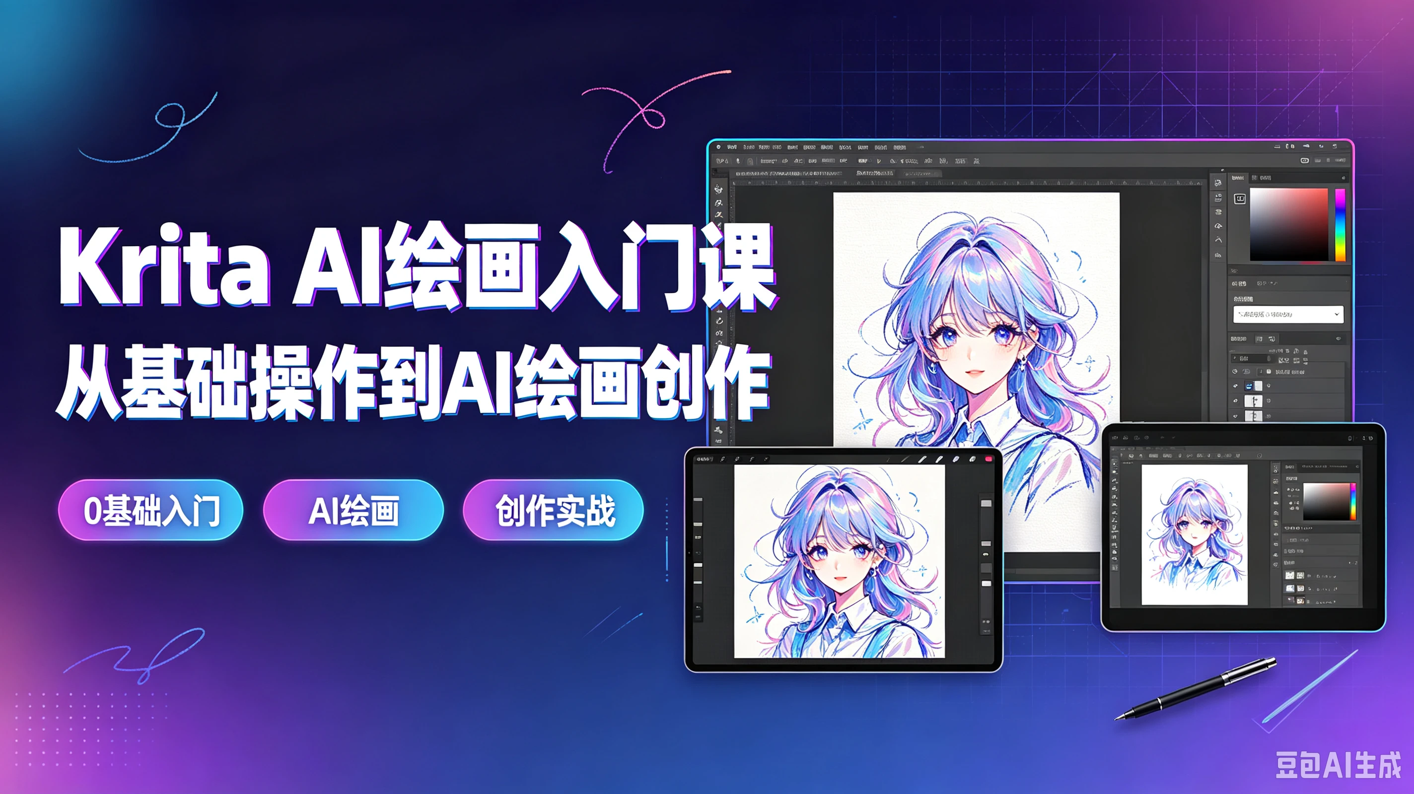 【精】Krita AI绘画入门课从基础操作到AI绘画创作，0基础入门、Al绘画、创作实战-副业吧