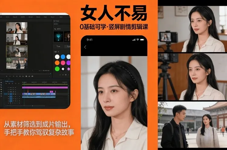 0基础可学！《女人不易》竖屏剧情剪辑课，从素材筛选到成片输出，手把手教你驾驭复杂故事-副业吧