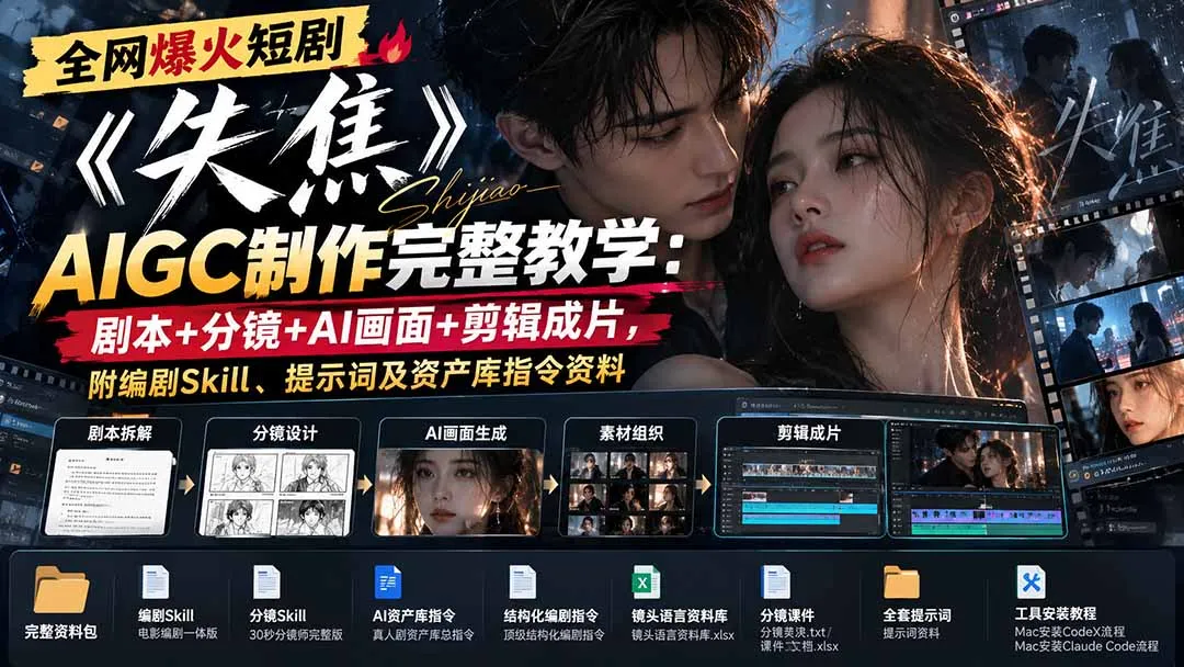 全网爆火短剧《失焦》AIGC制作完整教学:剧本+分镜+AI画面+剪辑成片,附编剧Skill、提示词及资产库指令资料-副业吧