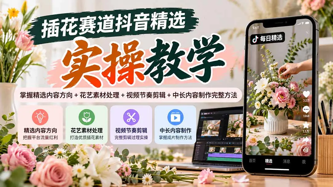 插花赛道抖音精选实操教学:掌握精选内容方向+花艺素材处理+视频节奏剪辑+中长内容制作完整方法-副业吧